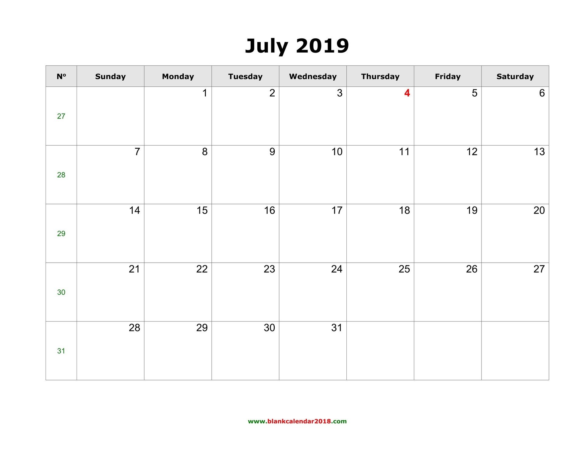 Blank Calendar For July 2019