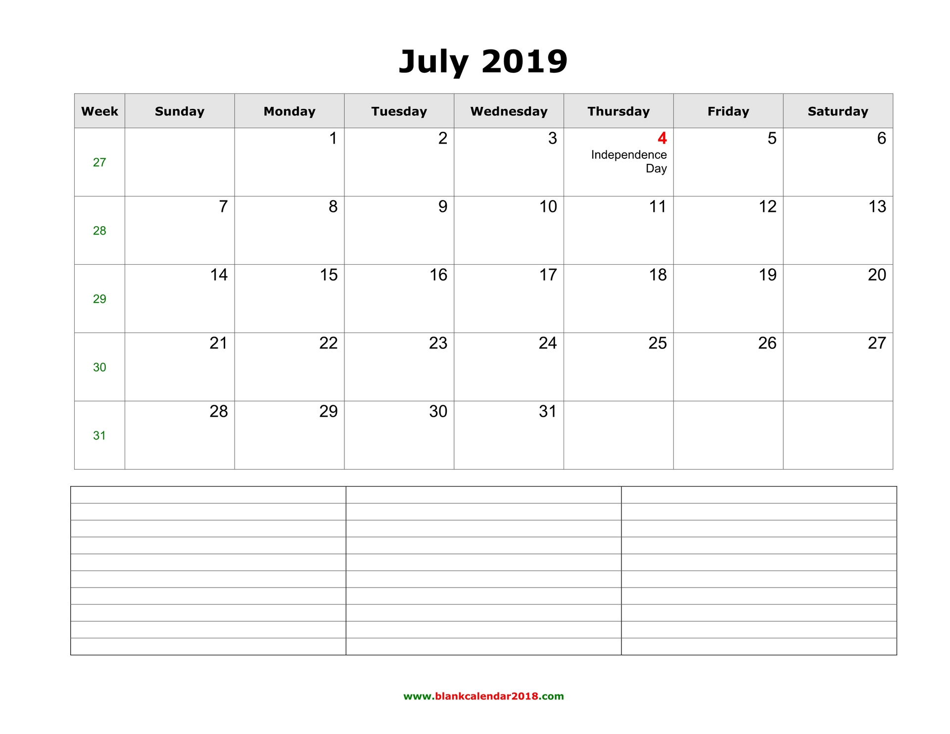 Blank Calendar For July 2019