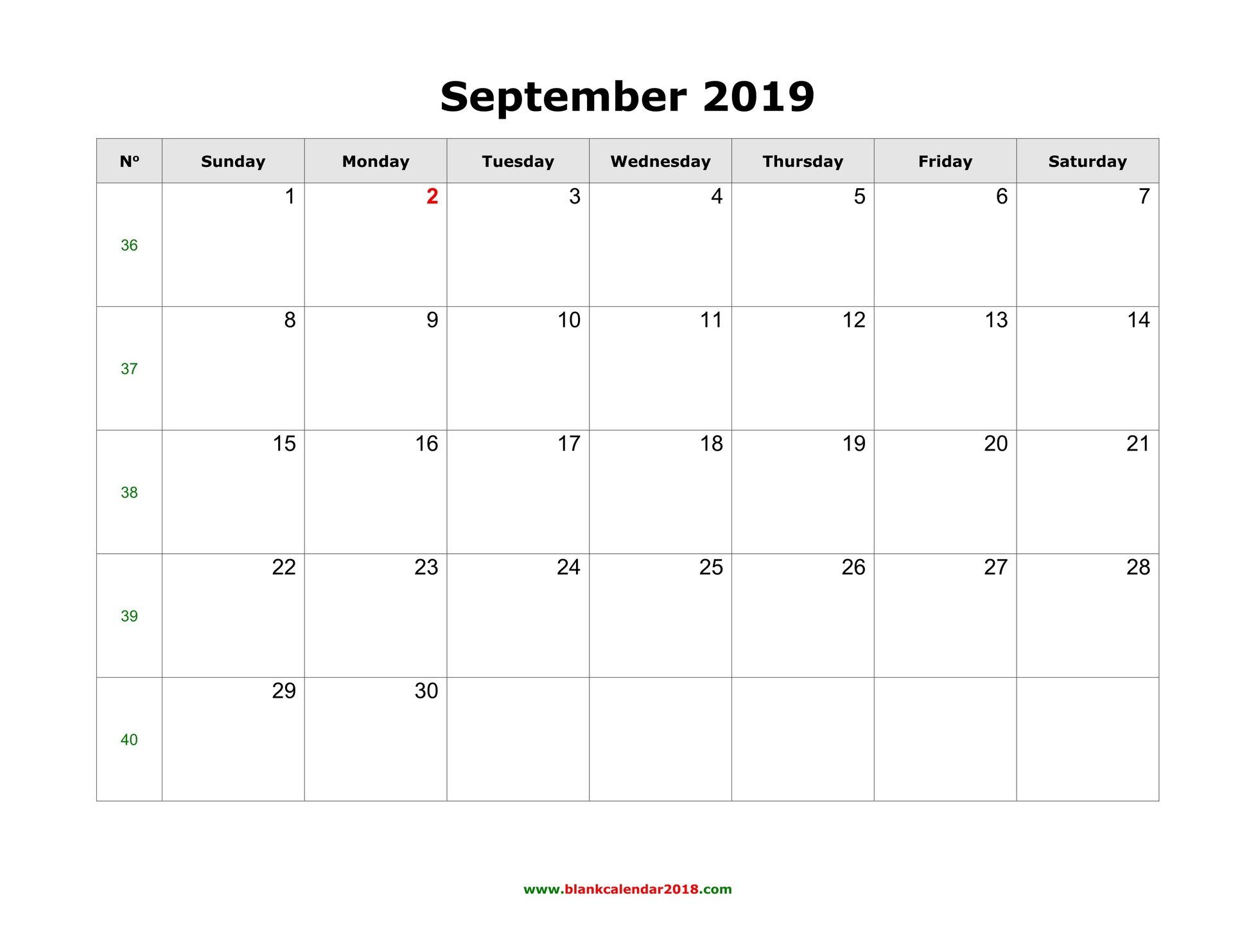Blank Calendar For September 2019