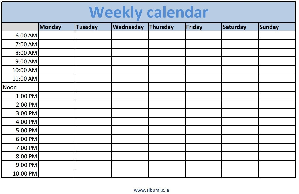 Blank Calendar With Times Schedule Template Weekly Fillable