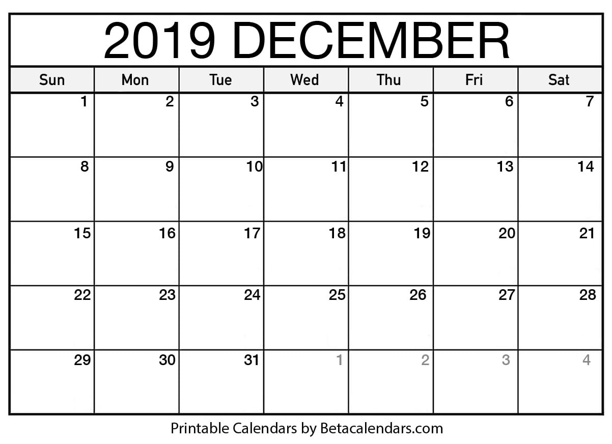 Blank December 2019 Calendar Printable - Beta Calendars