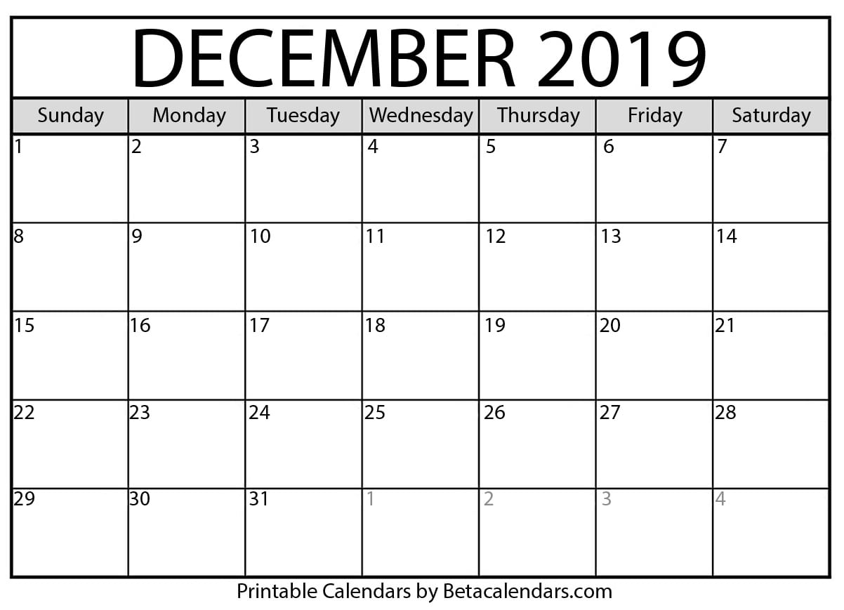 Blank December 2019 Calendar Printable - Beta Calendars