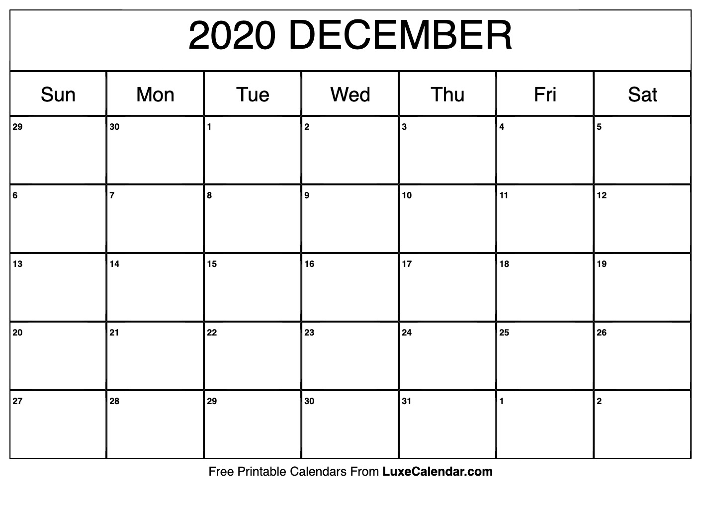 Blank December 2020 Calendar Printable - Luxe Calendar