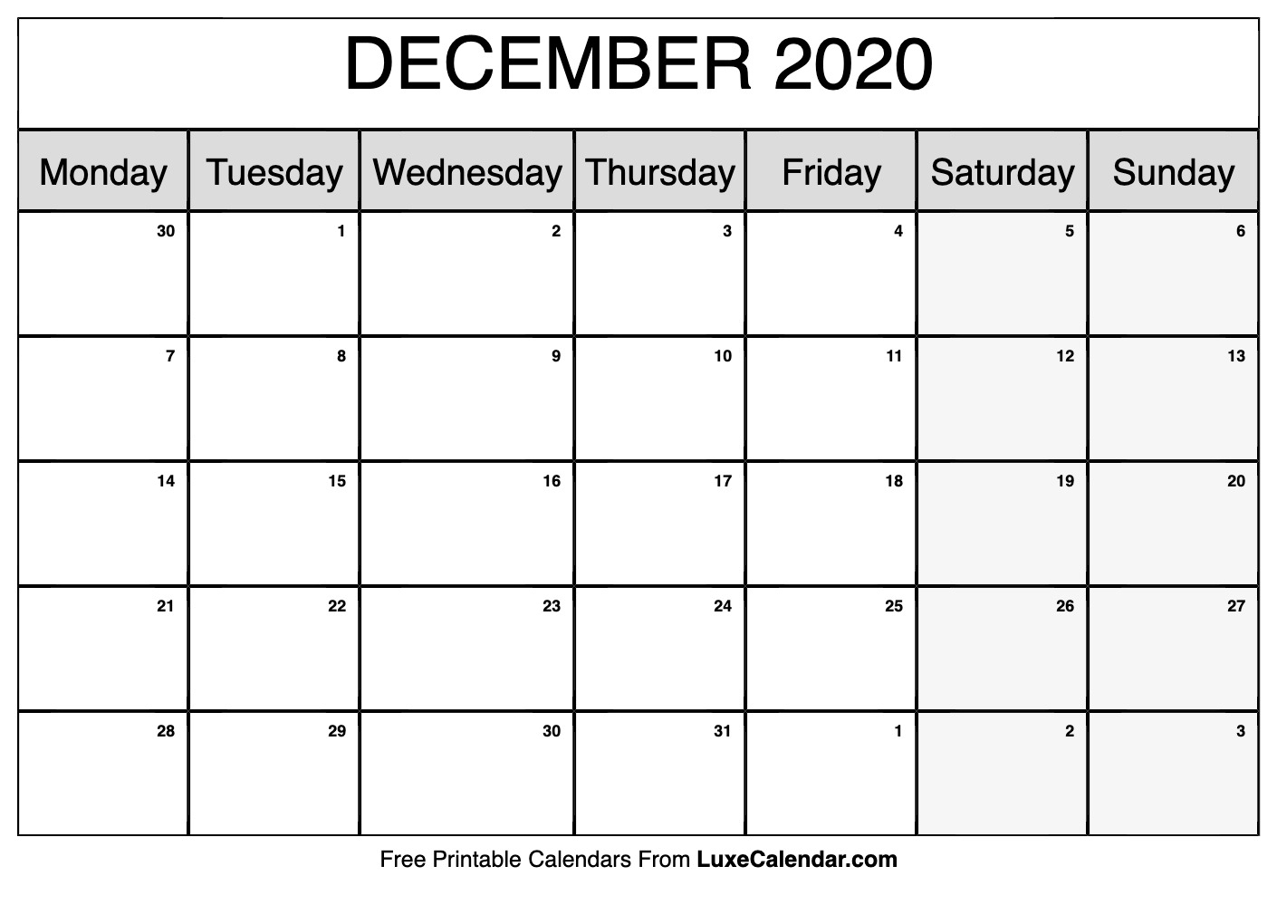 Blank December 2020 Calendar Printable - Luxe Calendar