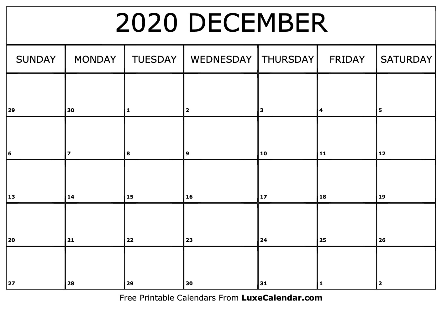 Blank December 2020 Calendar Printable - Luxe Calendar