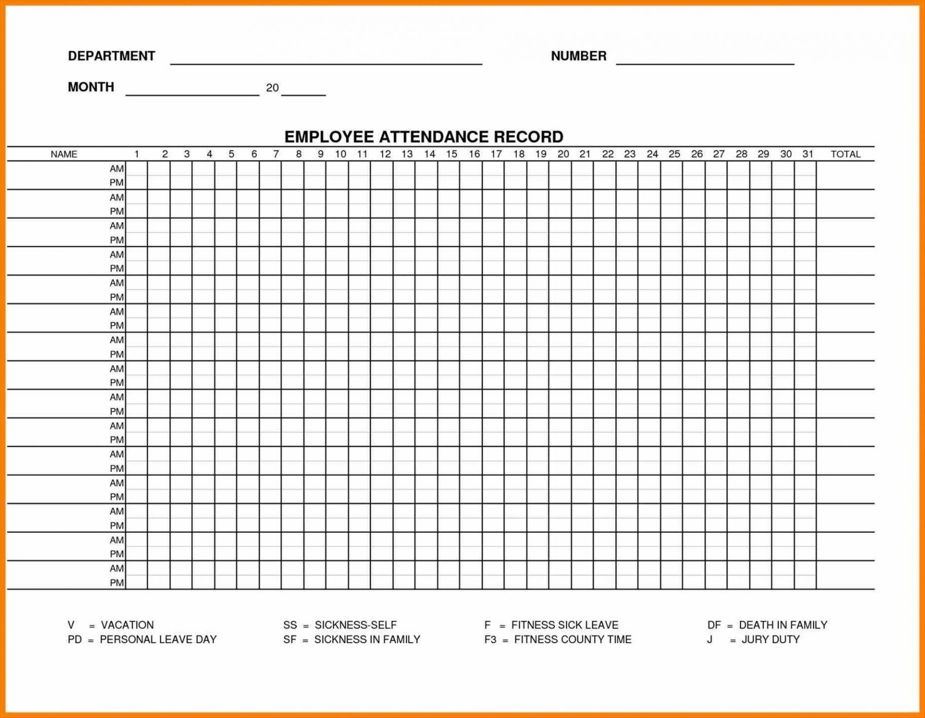 Blank Employee Attendance Calendar Monthly | Ten Wall Calendar