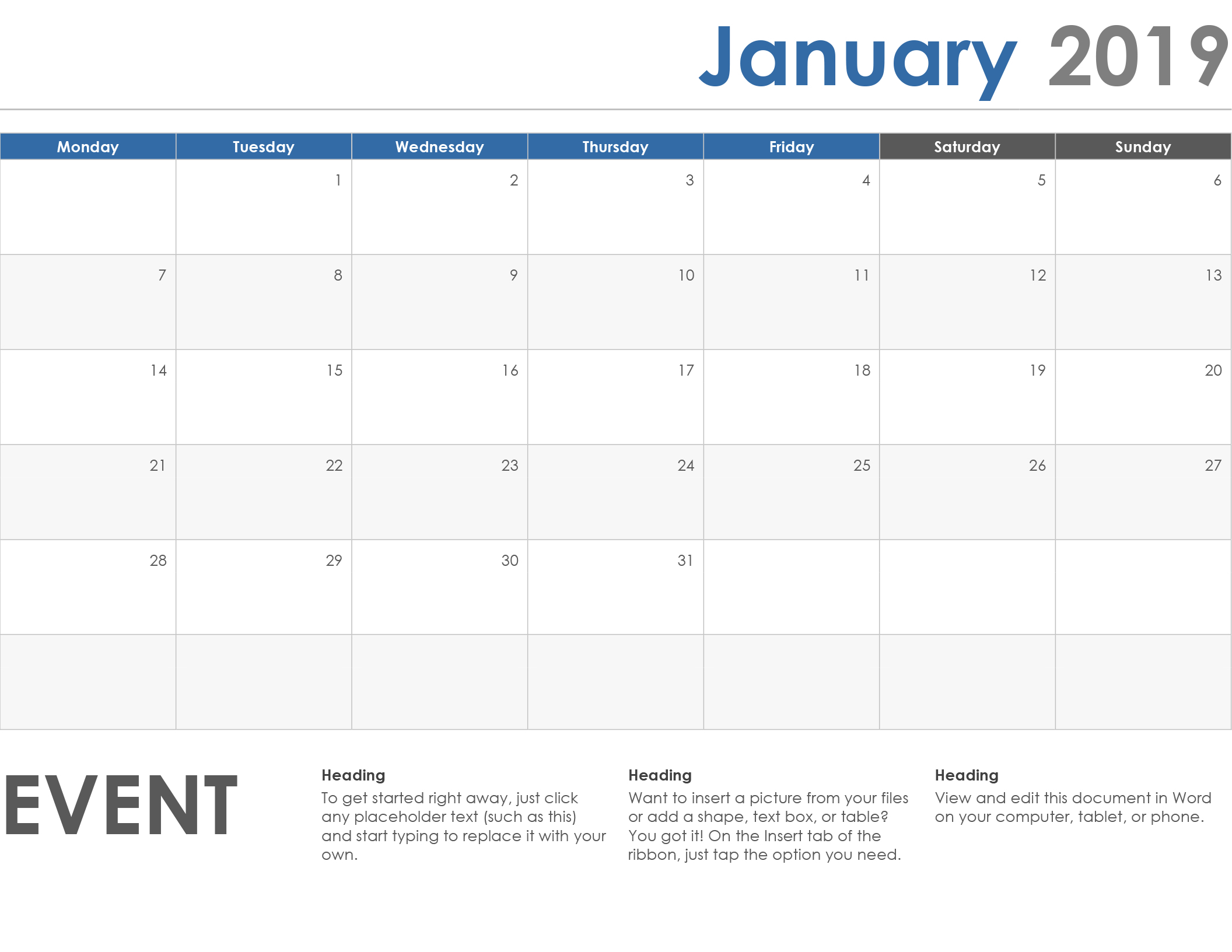 Blank Excel Calender That Starts On Monday | Example