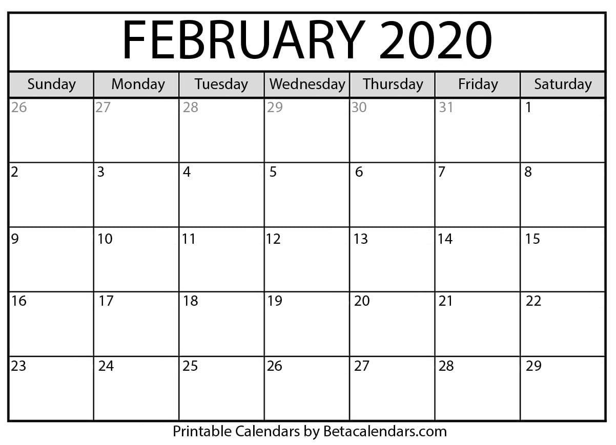 Blank February 2020 Calendar Printable - Beta Calendars