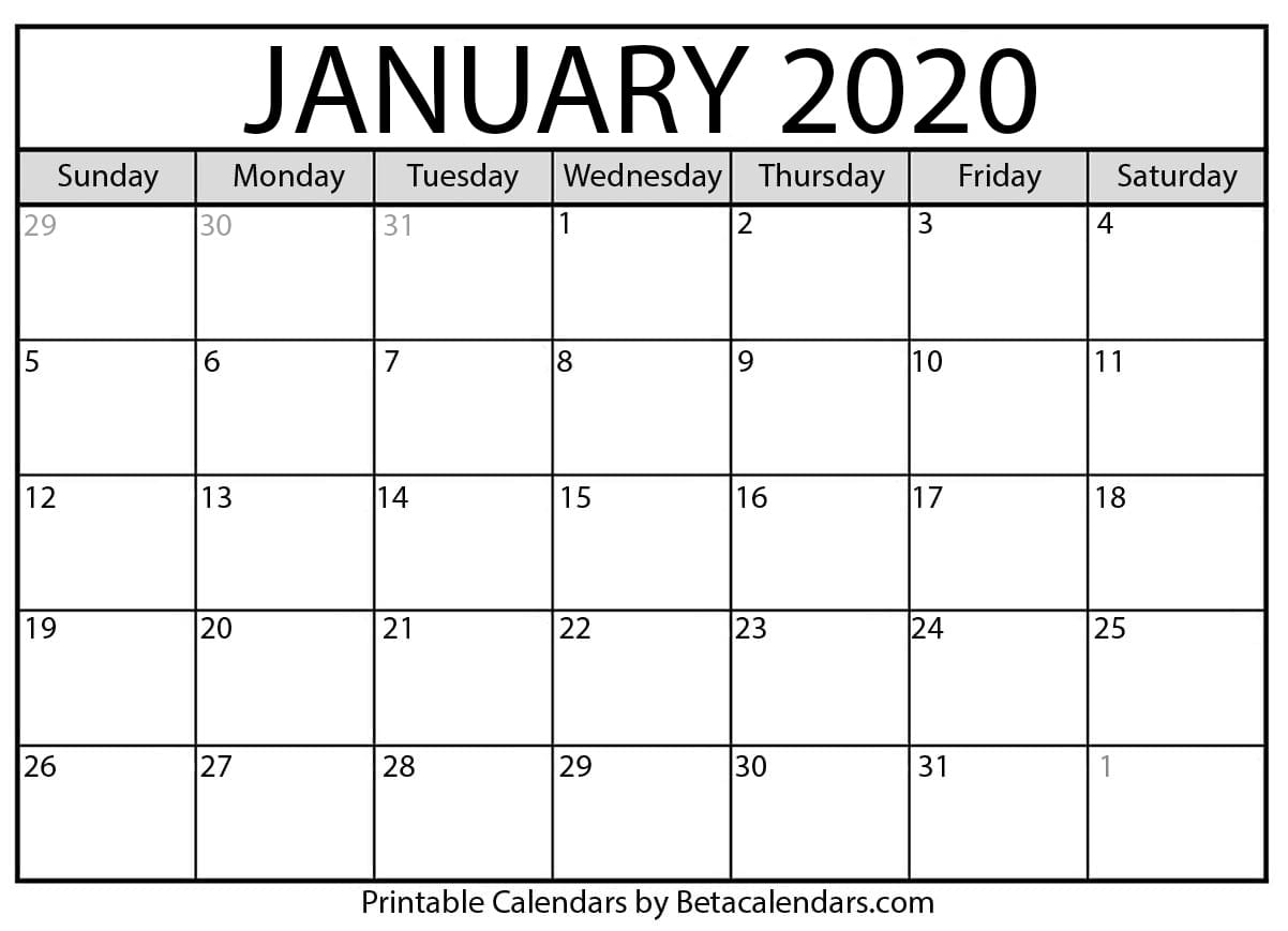 Blank January 2020 Calendar Printable - Beta Calendars