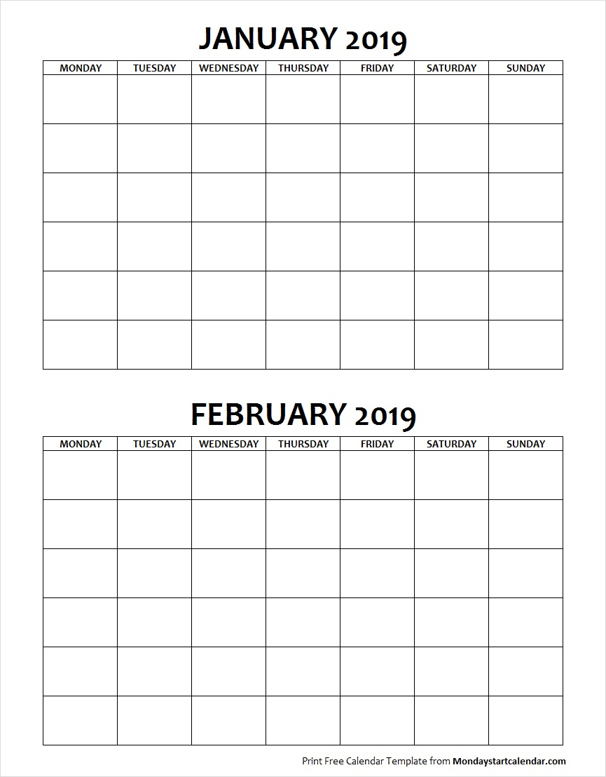 Blank January February 2019 Calendar Monday Start