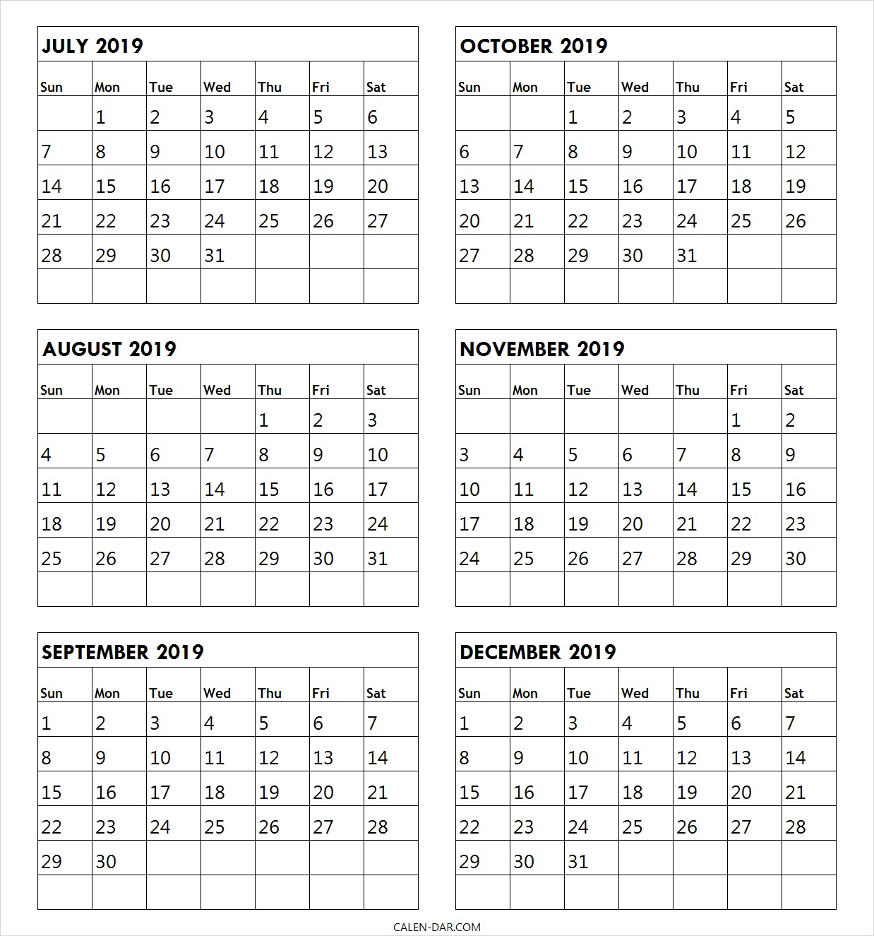 Blank July To December 2019 Calendar Printable Template
