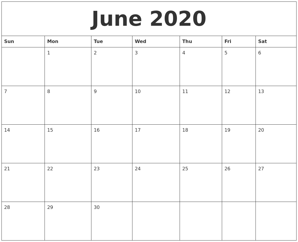 Blank June 2020 Calendar Printable