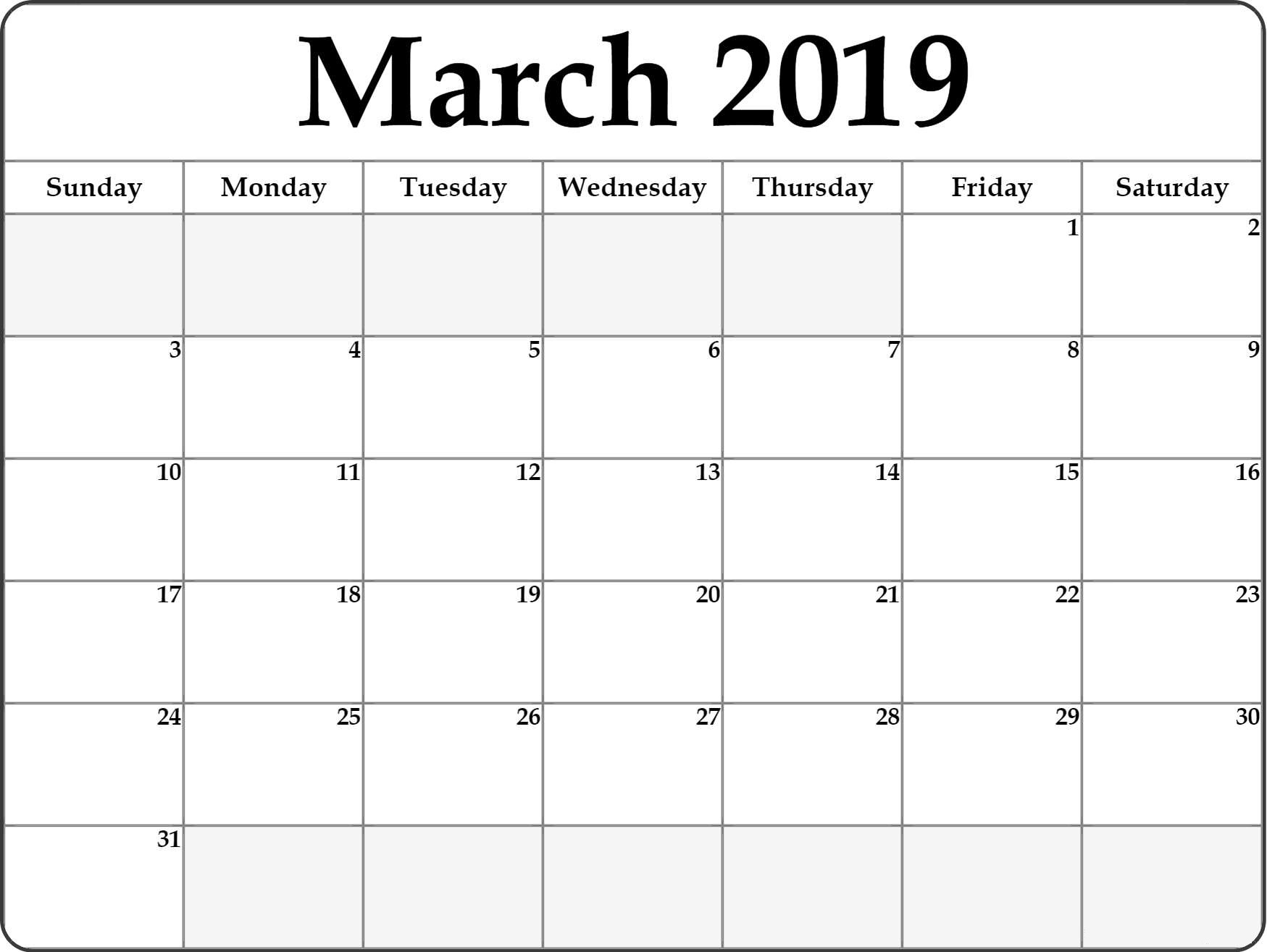 Blank March 2019 Calendar Printable - Free Printable