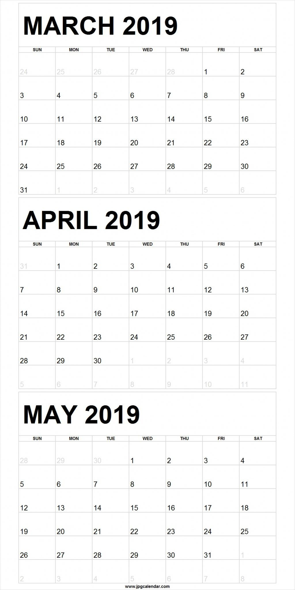 Blank March To May 2019 Calendar Printable | 250+ Free