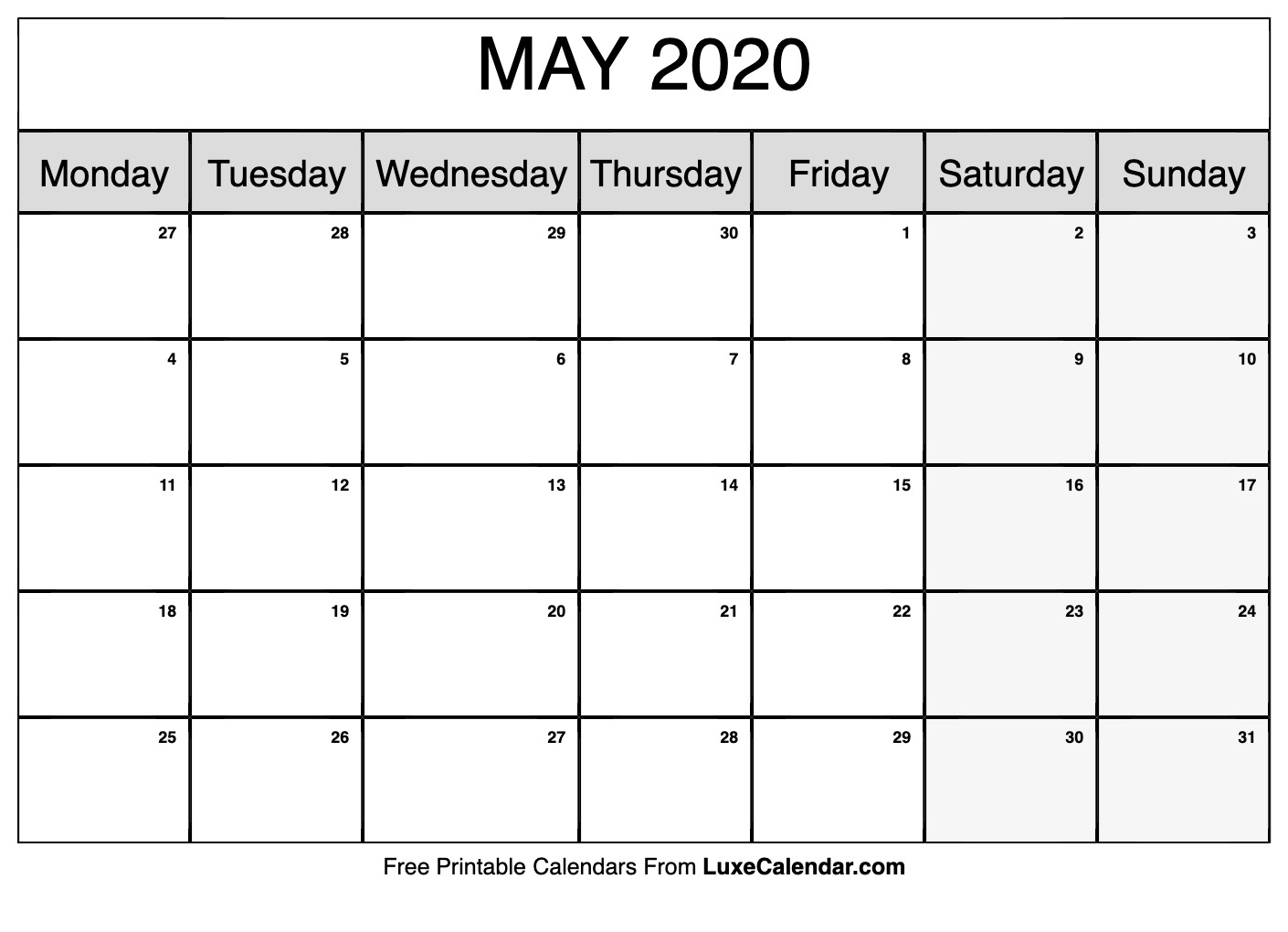 Blank May 2020 Calendar Printable - Luxe Calendar