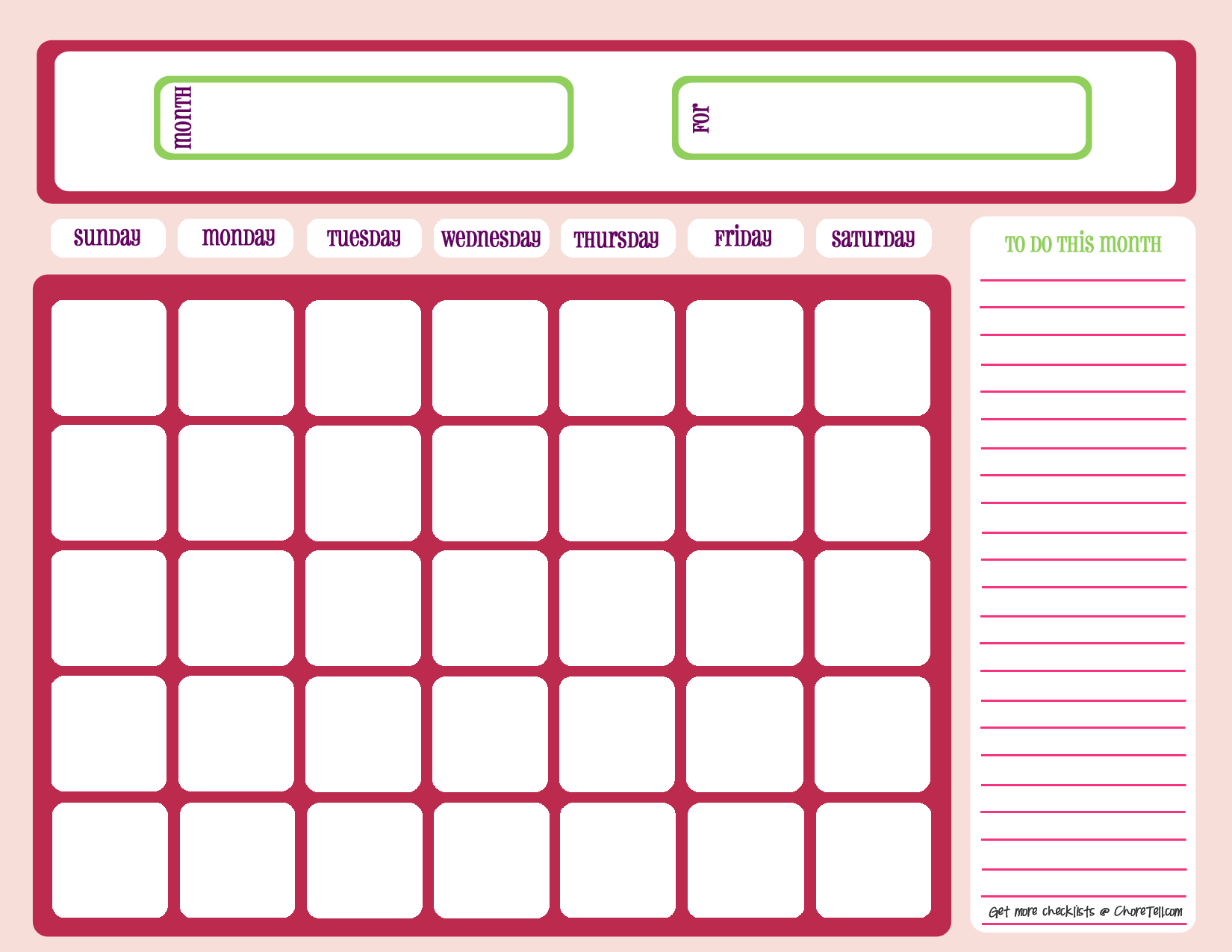 Blank Month Calendar - Pinks - Free Printable Downloads From