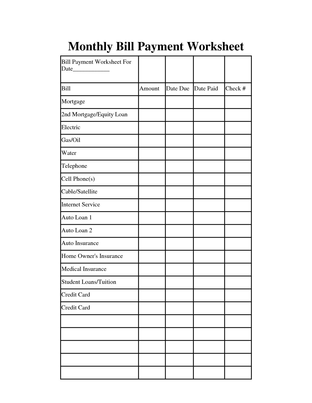 Blank Monthly Bill Payments Worksheet | Calendar Printing
