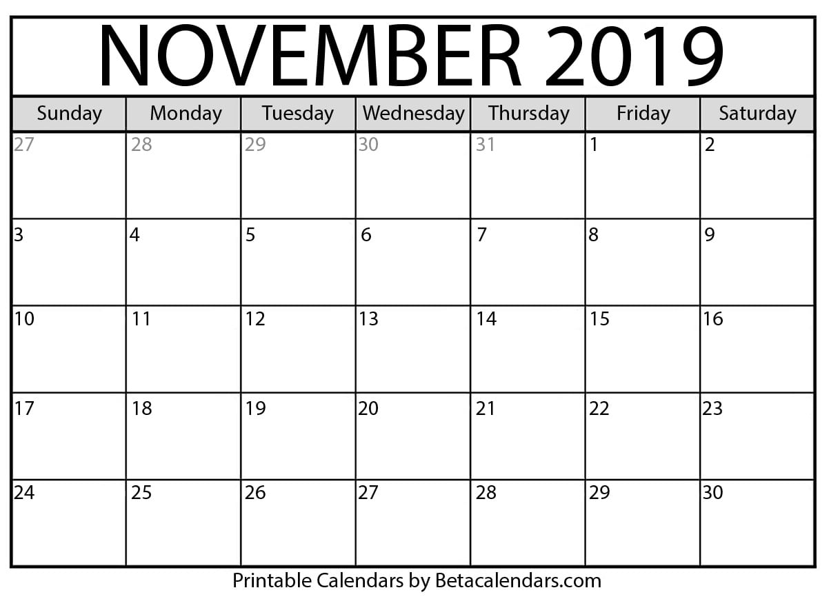 Blank November 2019 Calendar Printable - Beta Calendars