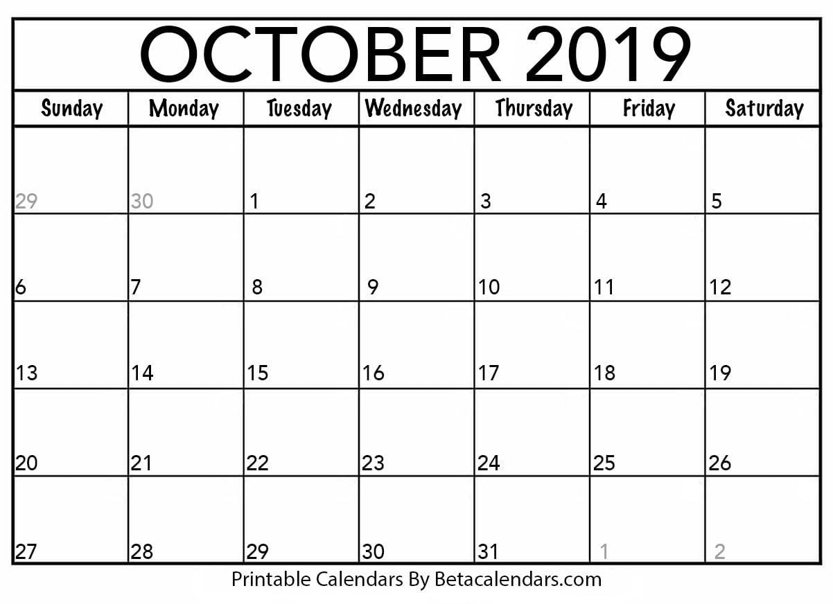Blank October 2019 Calendar Printable - Beta Calendars