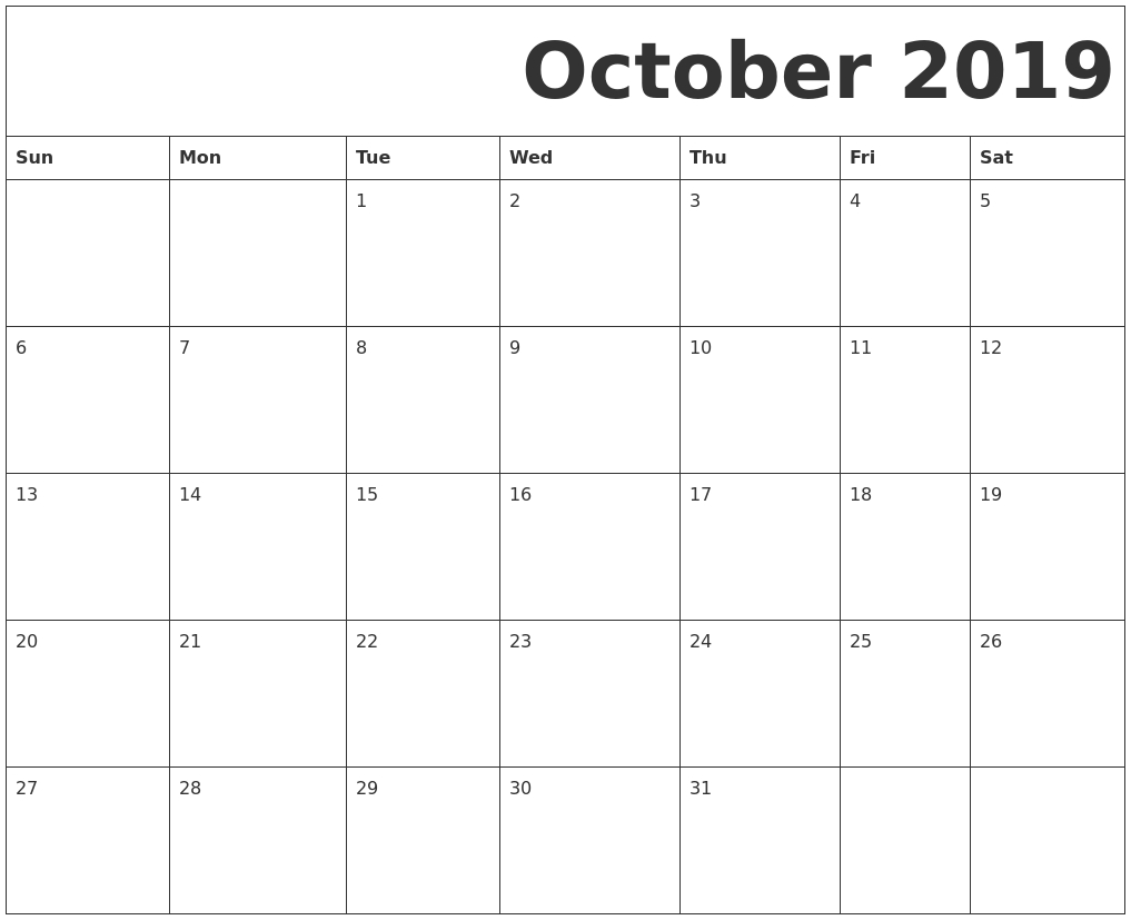 Blank October 2019 Calendar Templates Printable Download