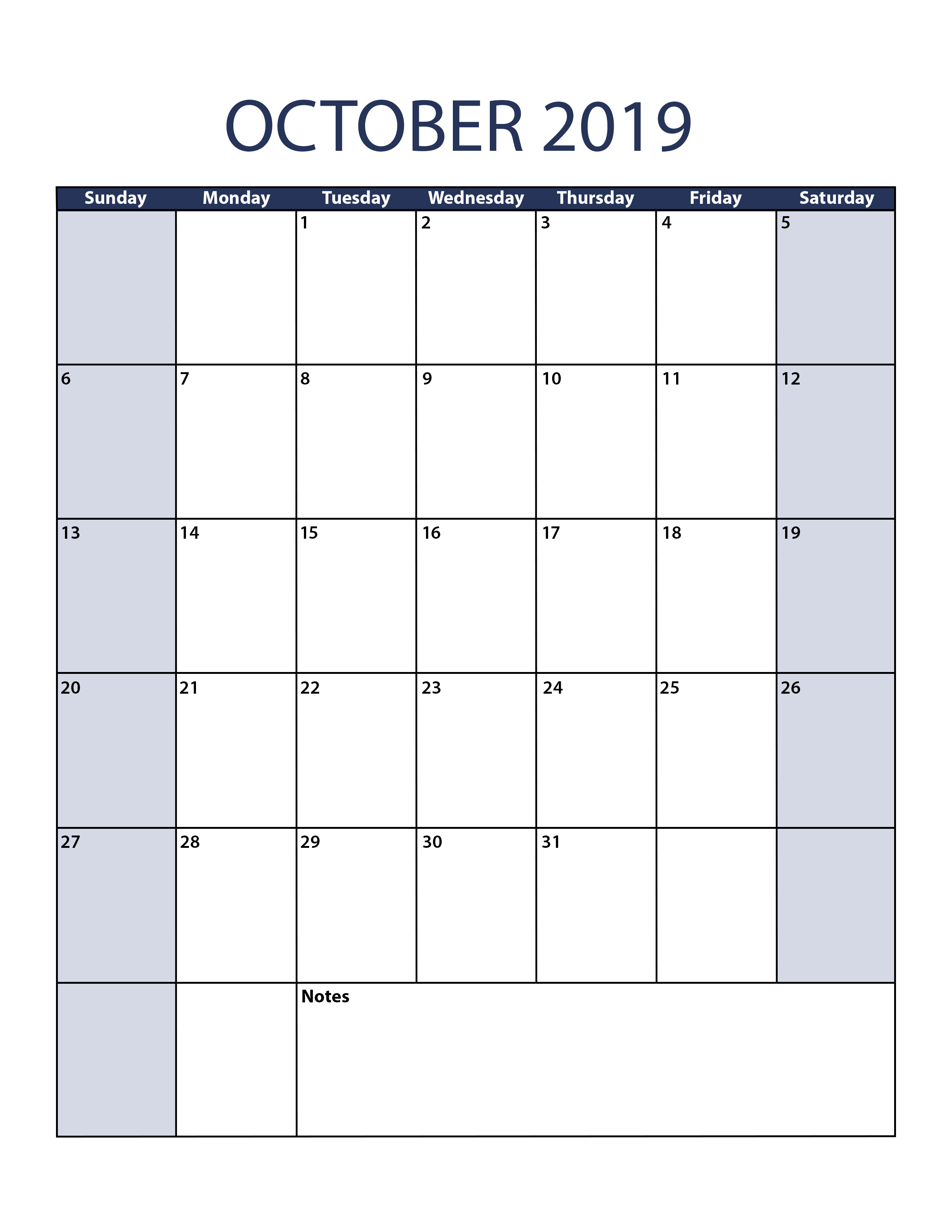 Blank October 2019 Calendar To Print