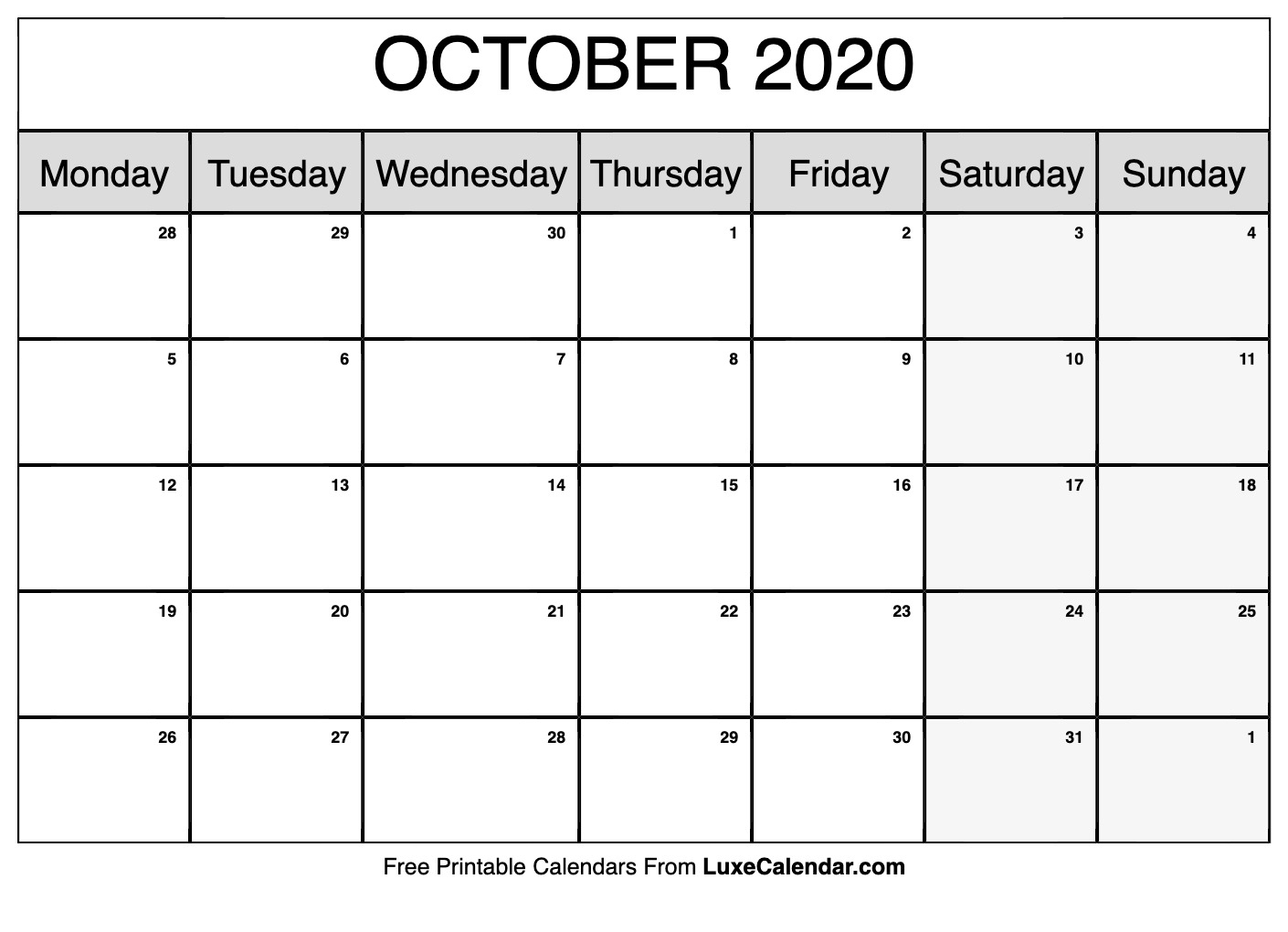 Blank October 2020 Calendar Printable - Luxe Calendar