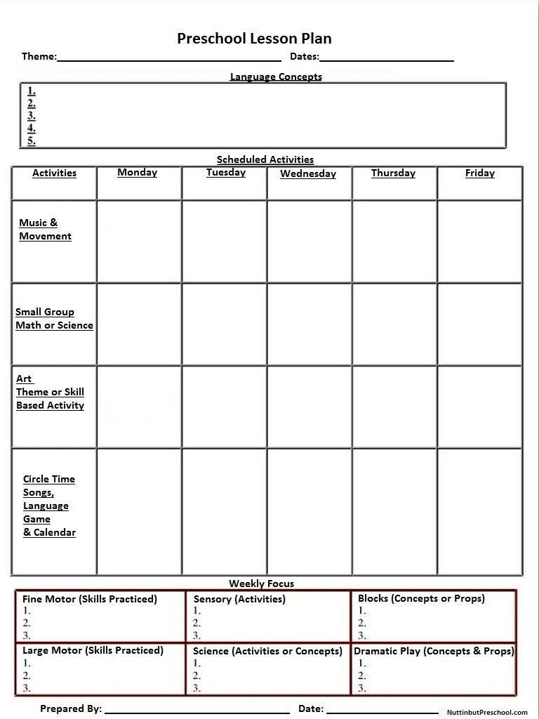 Blank Preschool Weekly Lesson Plan Template |  My