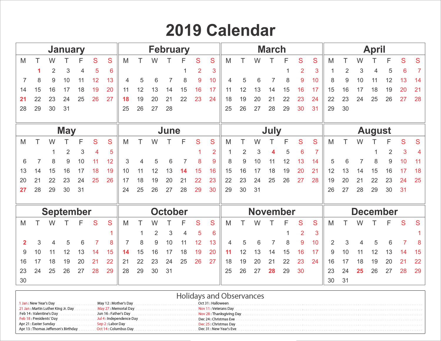 Blank Printable Calendar 2019 With Holidays