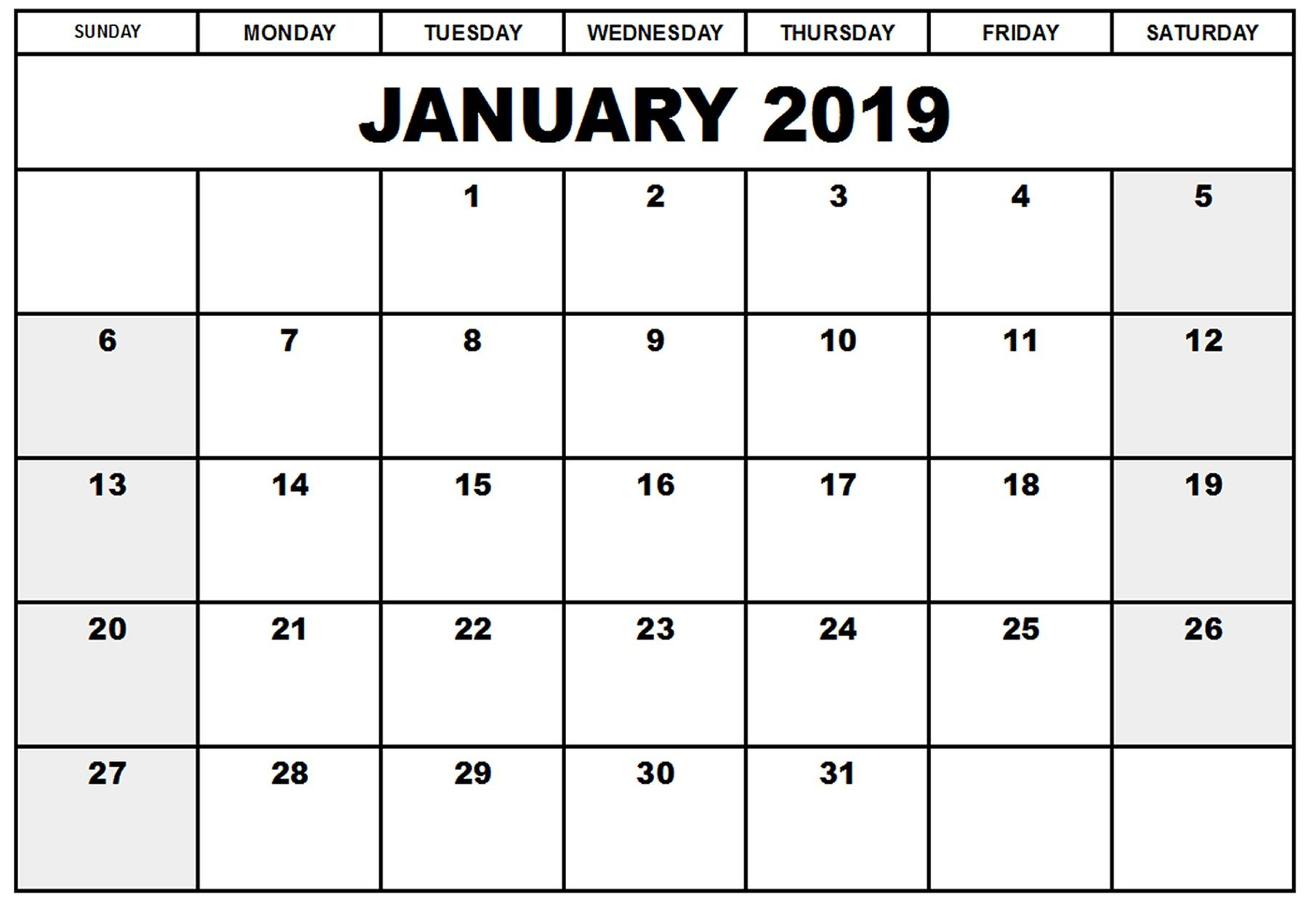 Blank Printable Calendar January 2019 | Printableshelter