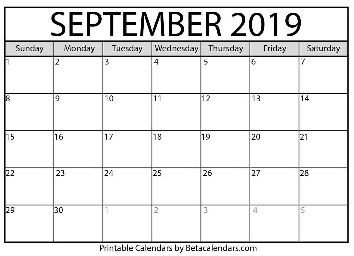 Blank September 2019 Calendar Printable - Beta Calendars