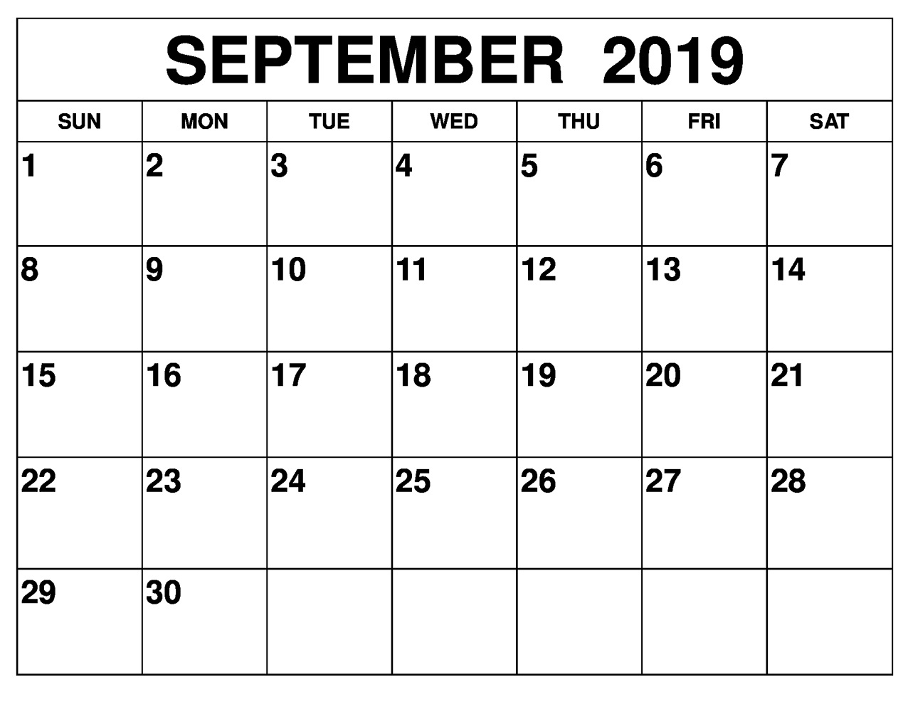 Blank September 2019 Calendar Printable Free Download