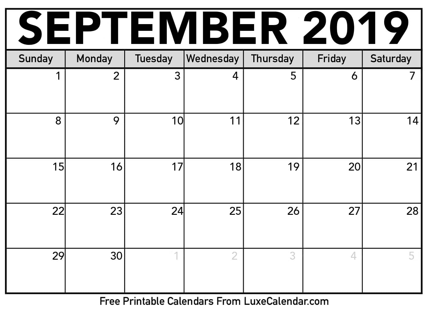 Blank September 2019 Calendar Printable - Luxe Calendar