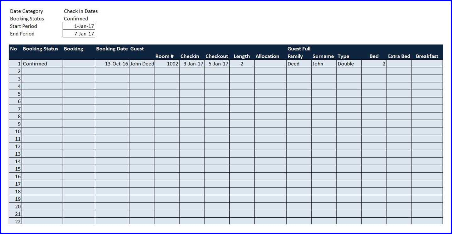 Booking Calendar Template Excel - Reservation and Booking Status