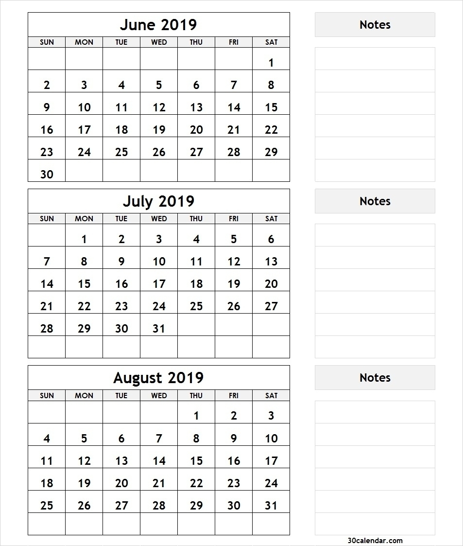 Monthly Calender June July August