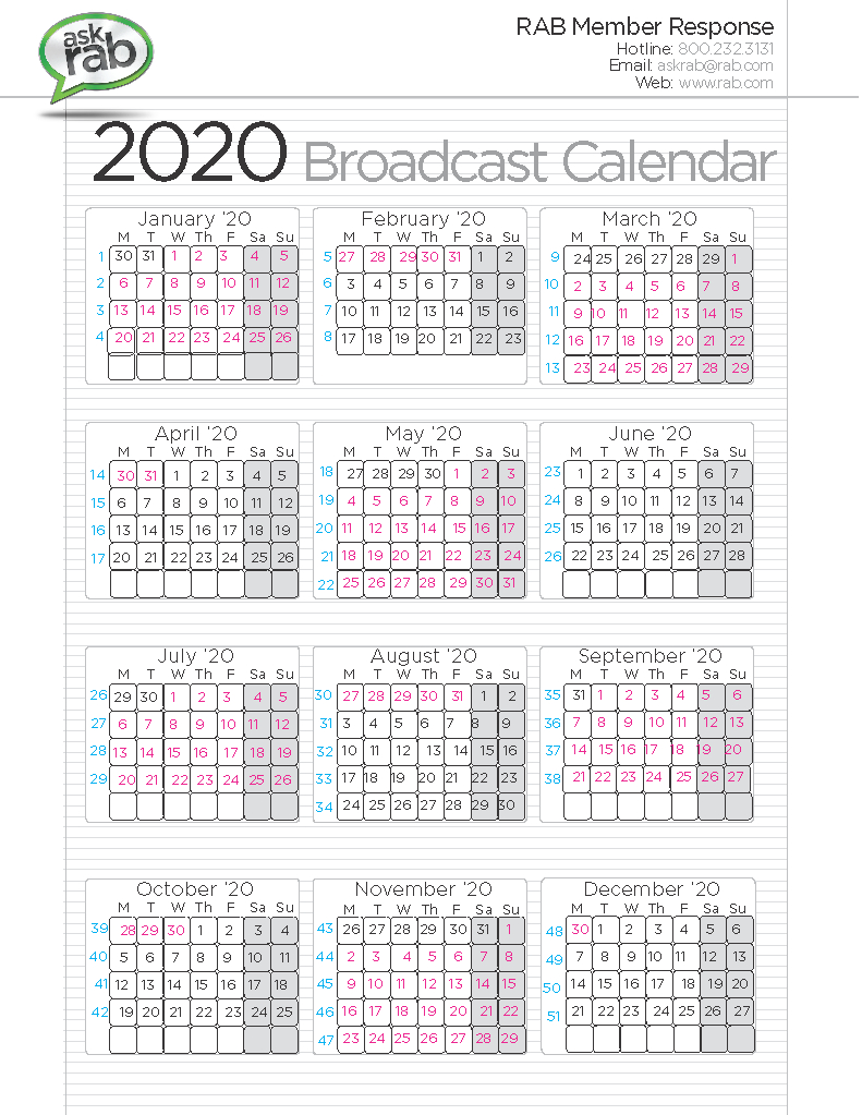 Broadcast Calendars | Rab