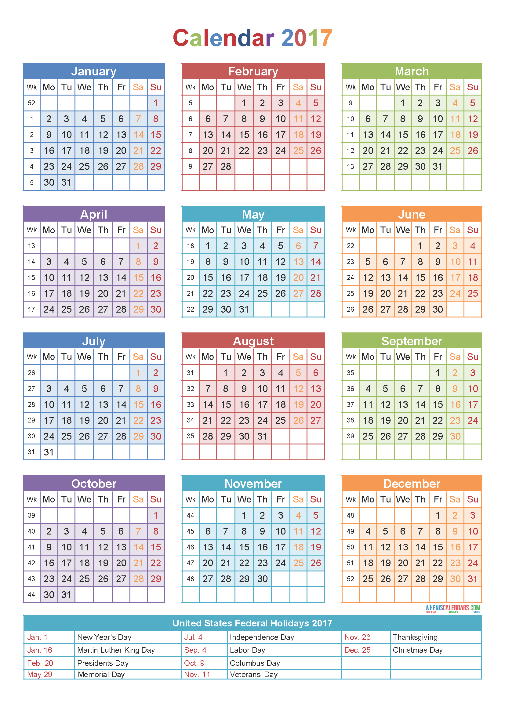 Calendar 2017Week Number | Holidays | Printable Yearly