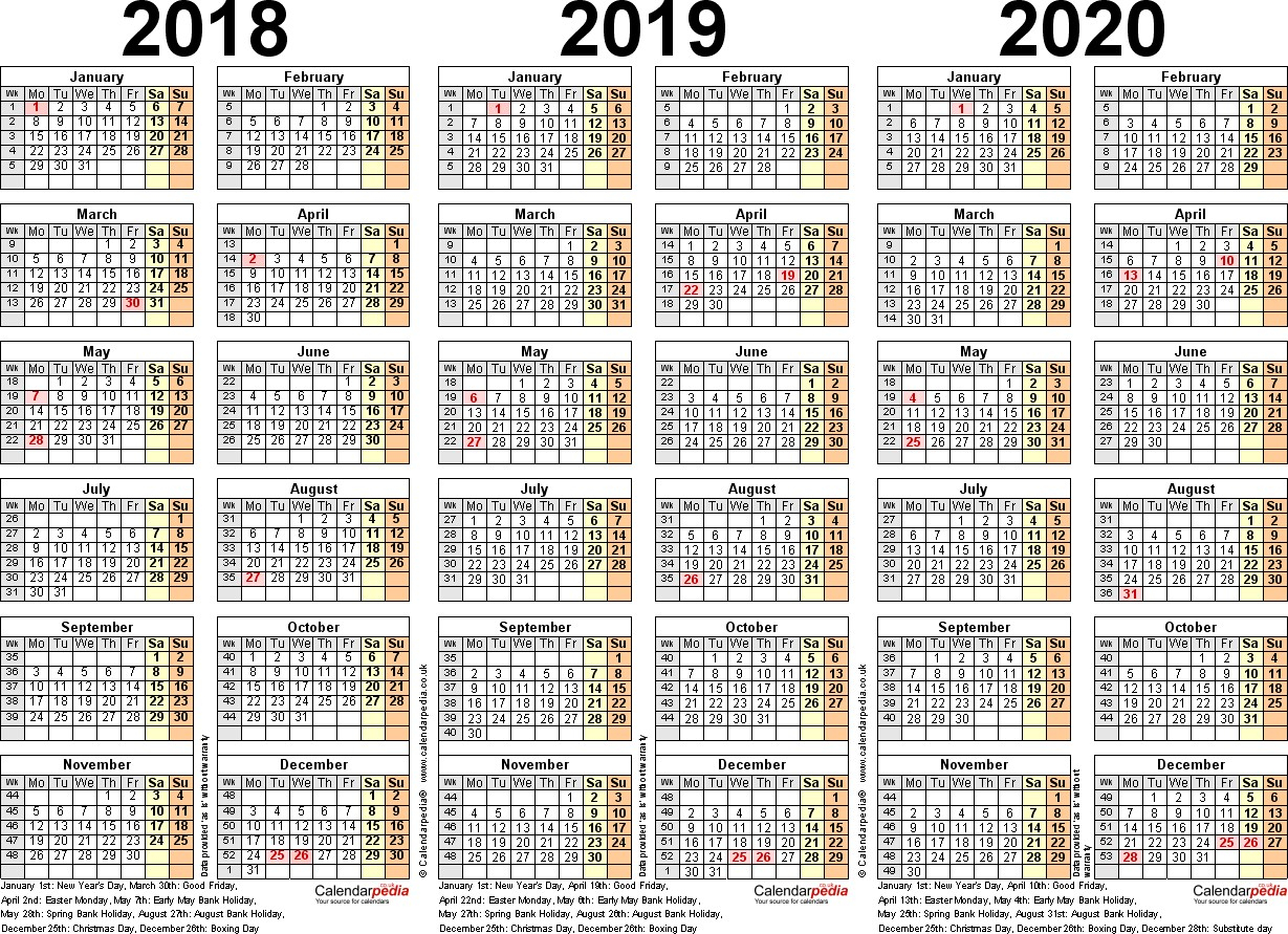 Calendar 2018 2019 2020 Printable In 3 Year Calendar