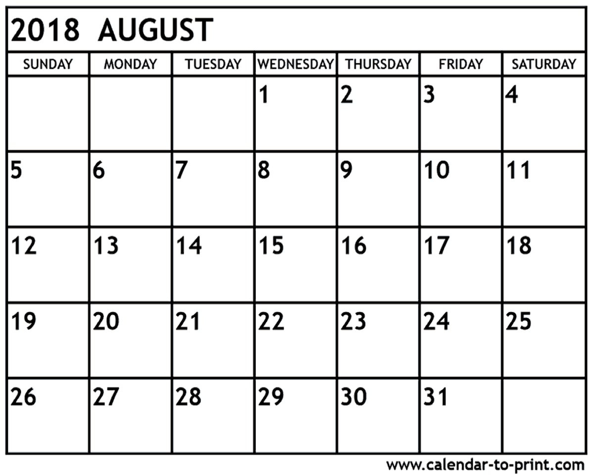 Calendar 2018 August Printable Template Download - July 2020