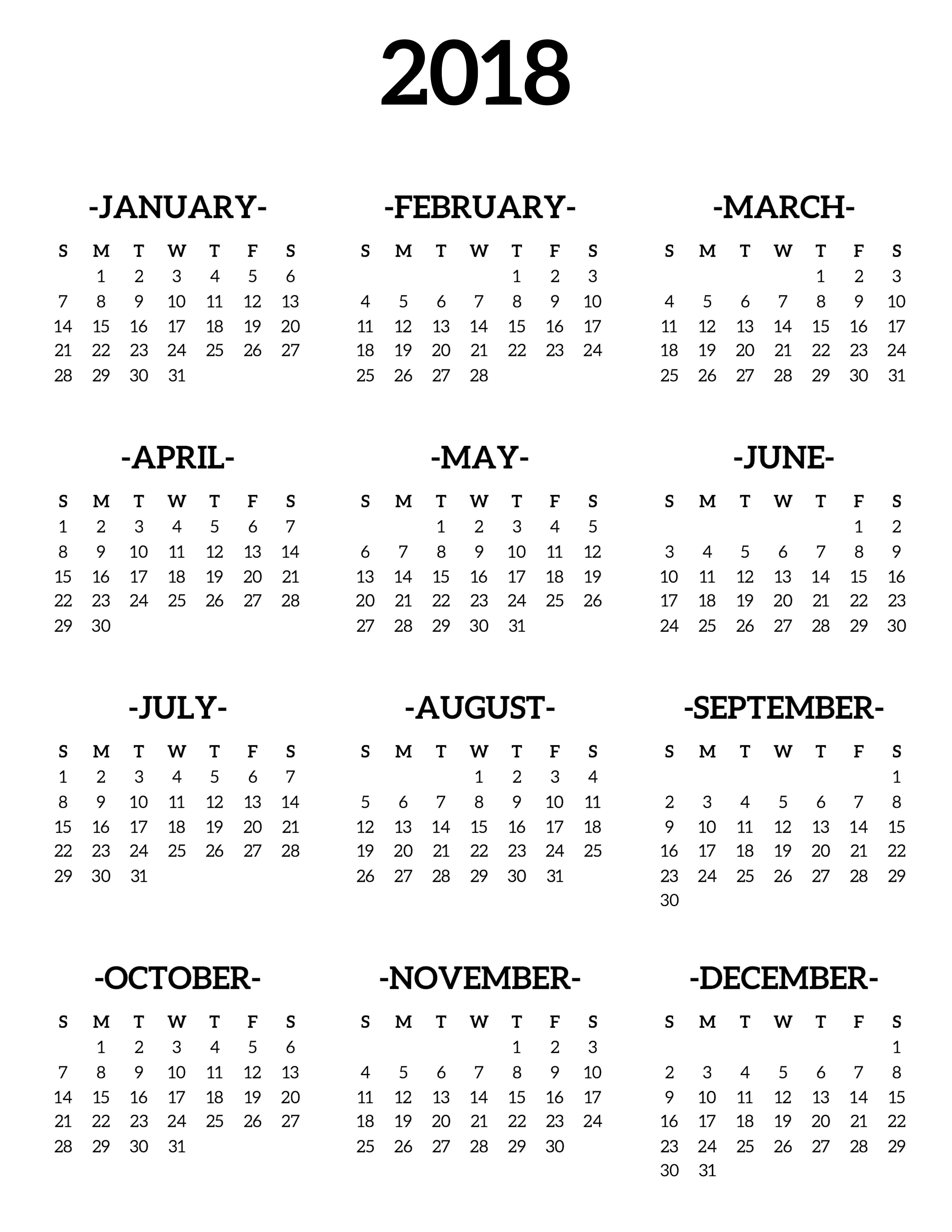 Calendar 2018 Printable One Page | Binder | Printable