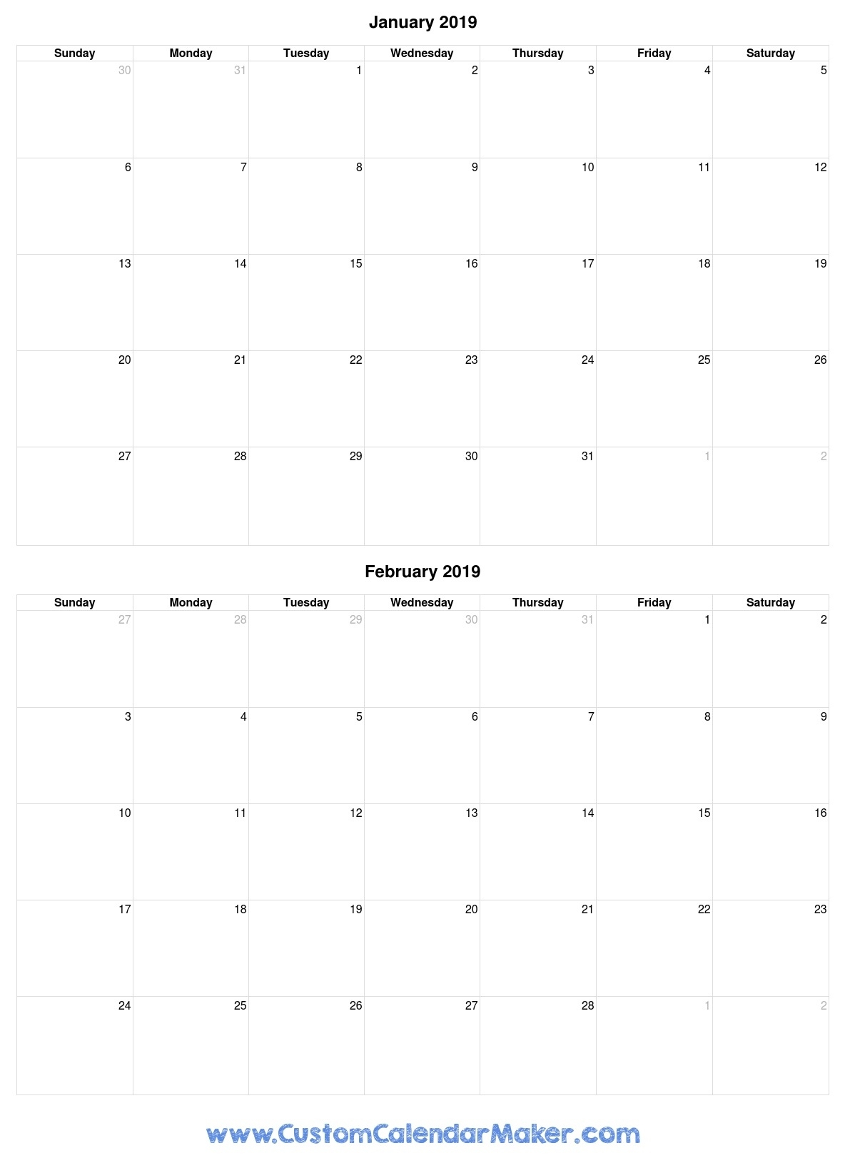 Calendar 2019 2 Months Per Page • Printable Blank Calendar