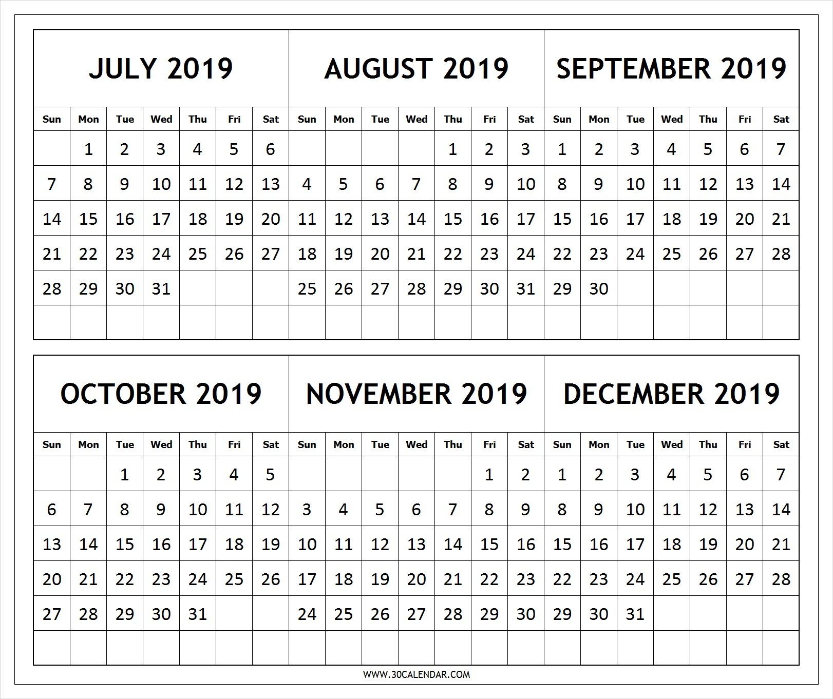 2019 Calendar July Through December | Example Calendar Printable