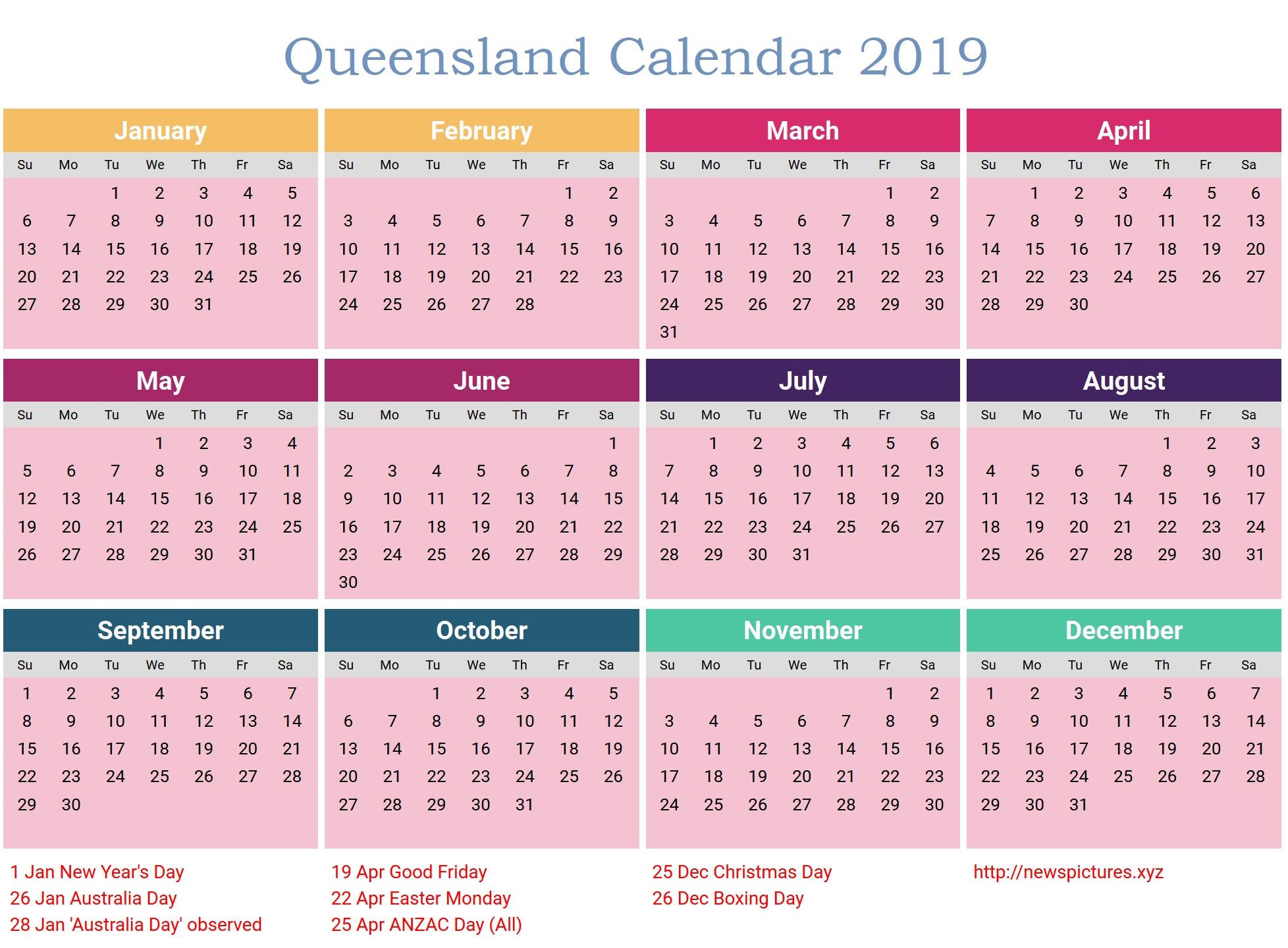 Calendar 2019 Printable With Holidays Qld • Printable Blank