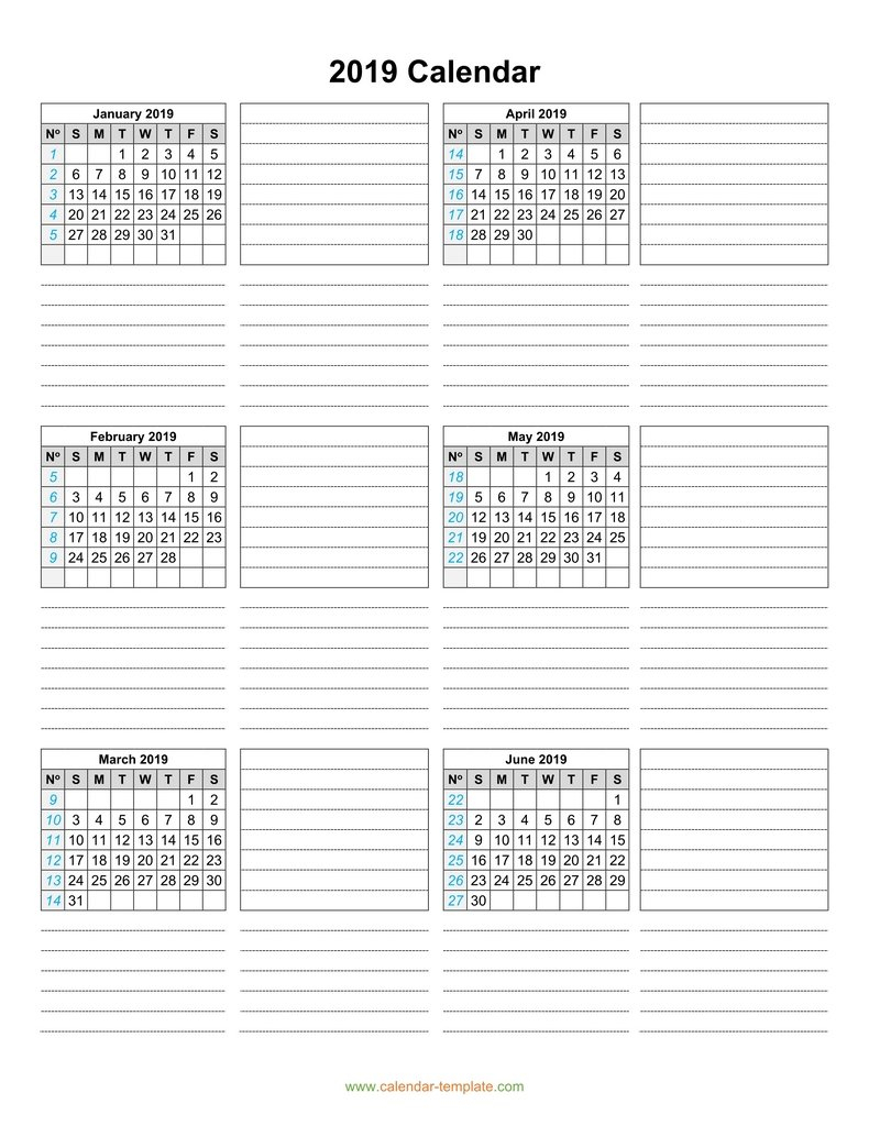Calendar 2019 Template Six Months Per Page