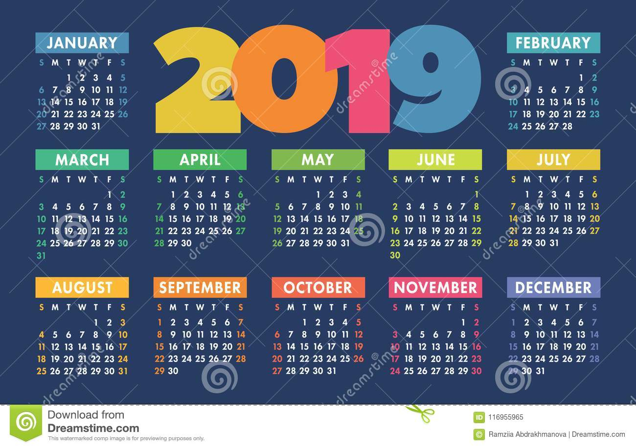 Calendar 2019 Vector Basic Grid. Simple Design Template