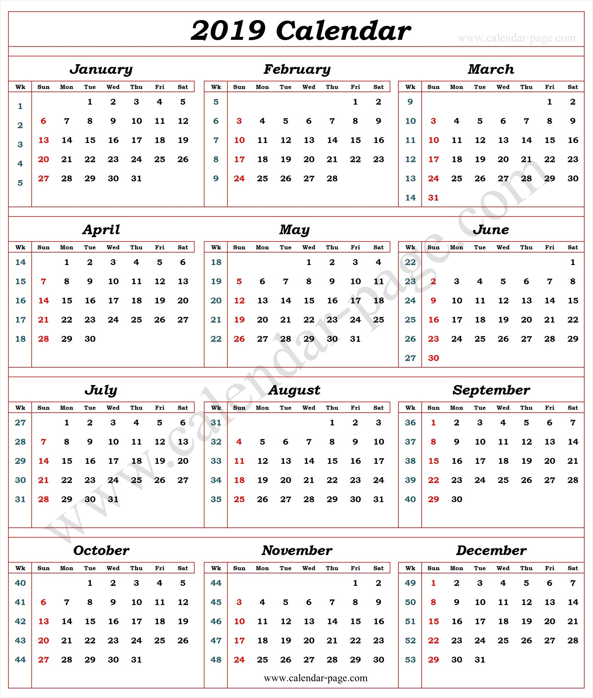 Calendar 2019 With Week Numbers | 2019 Calendar Template