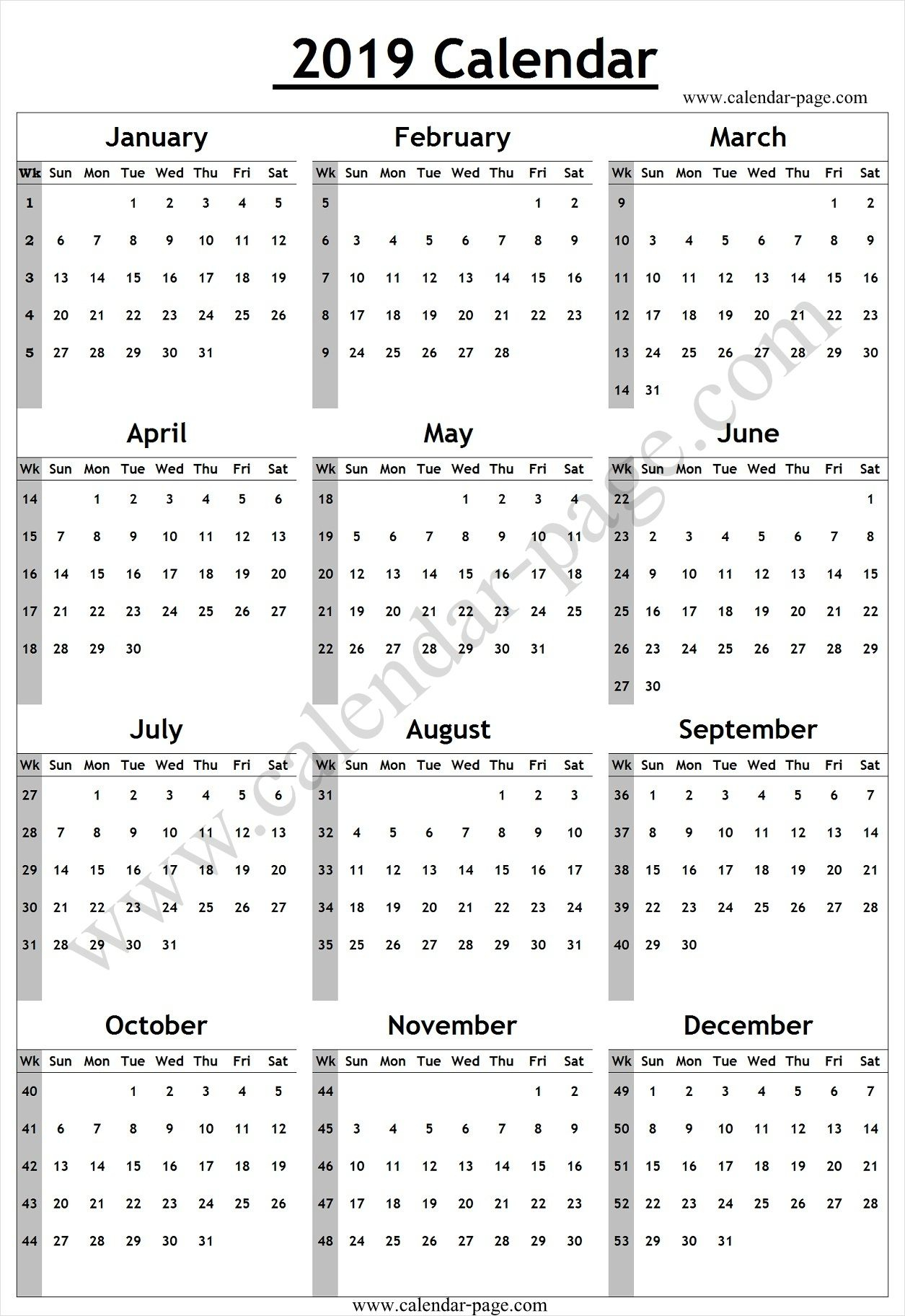 Calendar 2019 With Week Numbers | Calendar 2019 Yearly