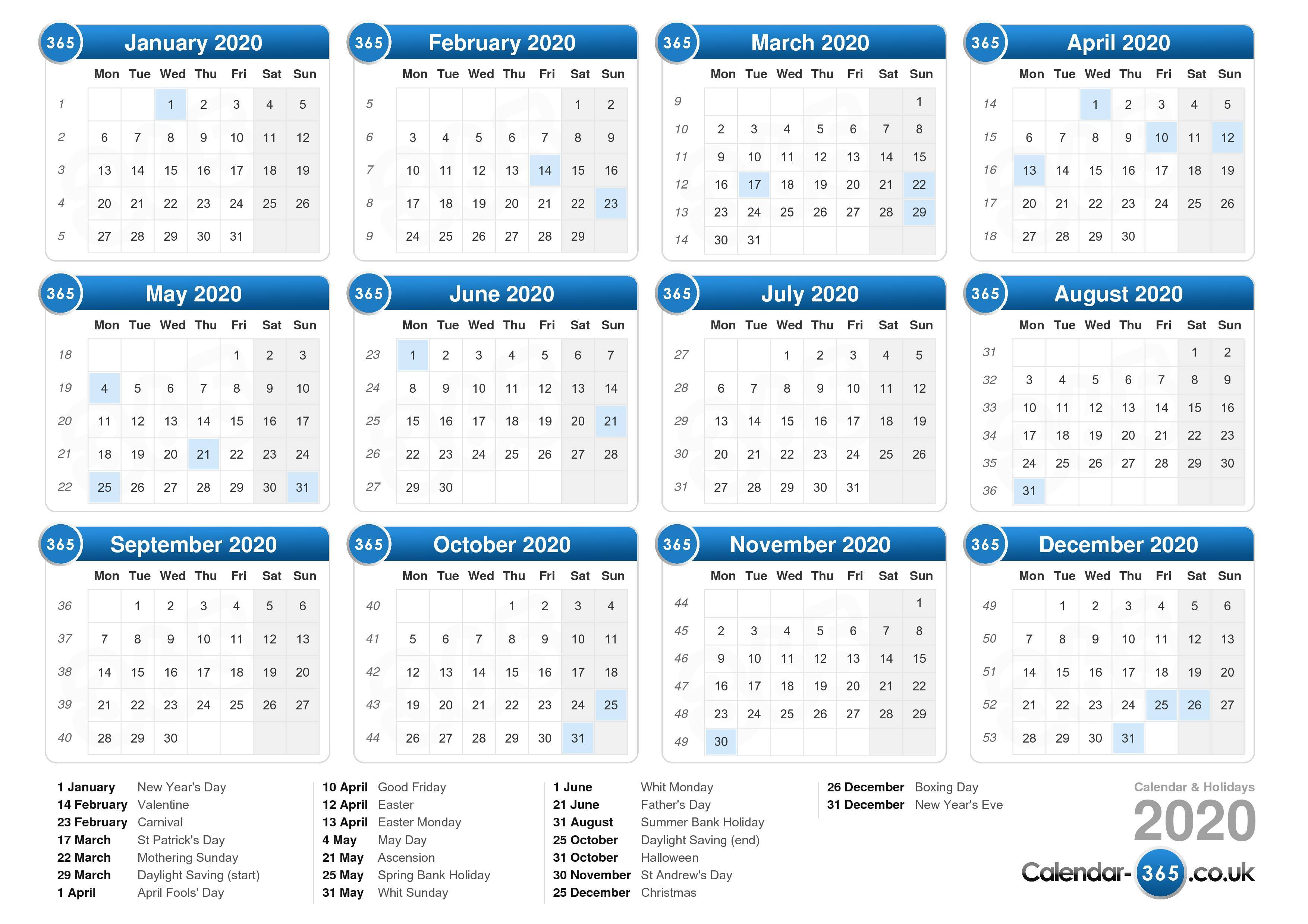 2020 Printable Calendar With Week Numbers Uk