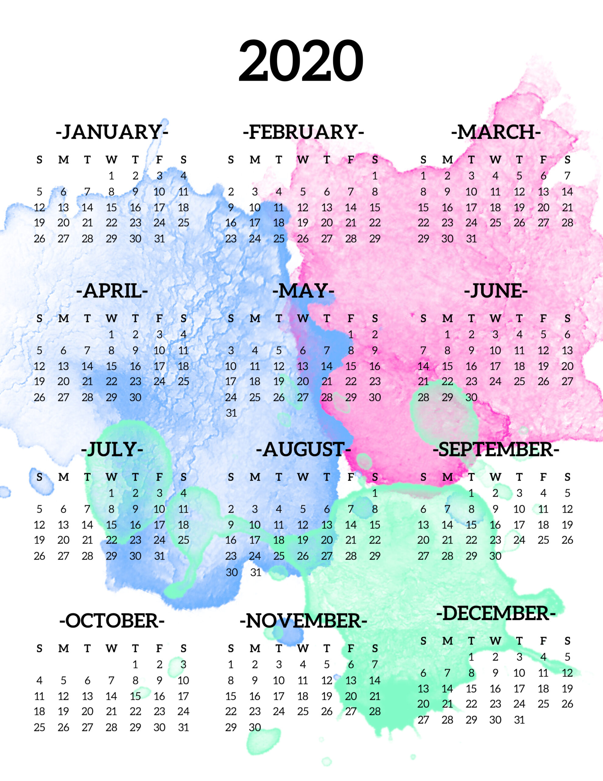 Calendar 2020 Printable One Page - Paper Trail Design