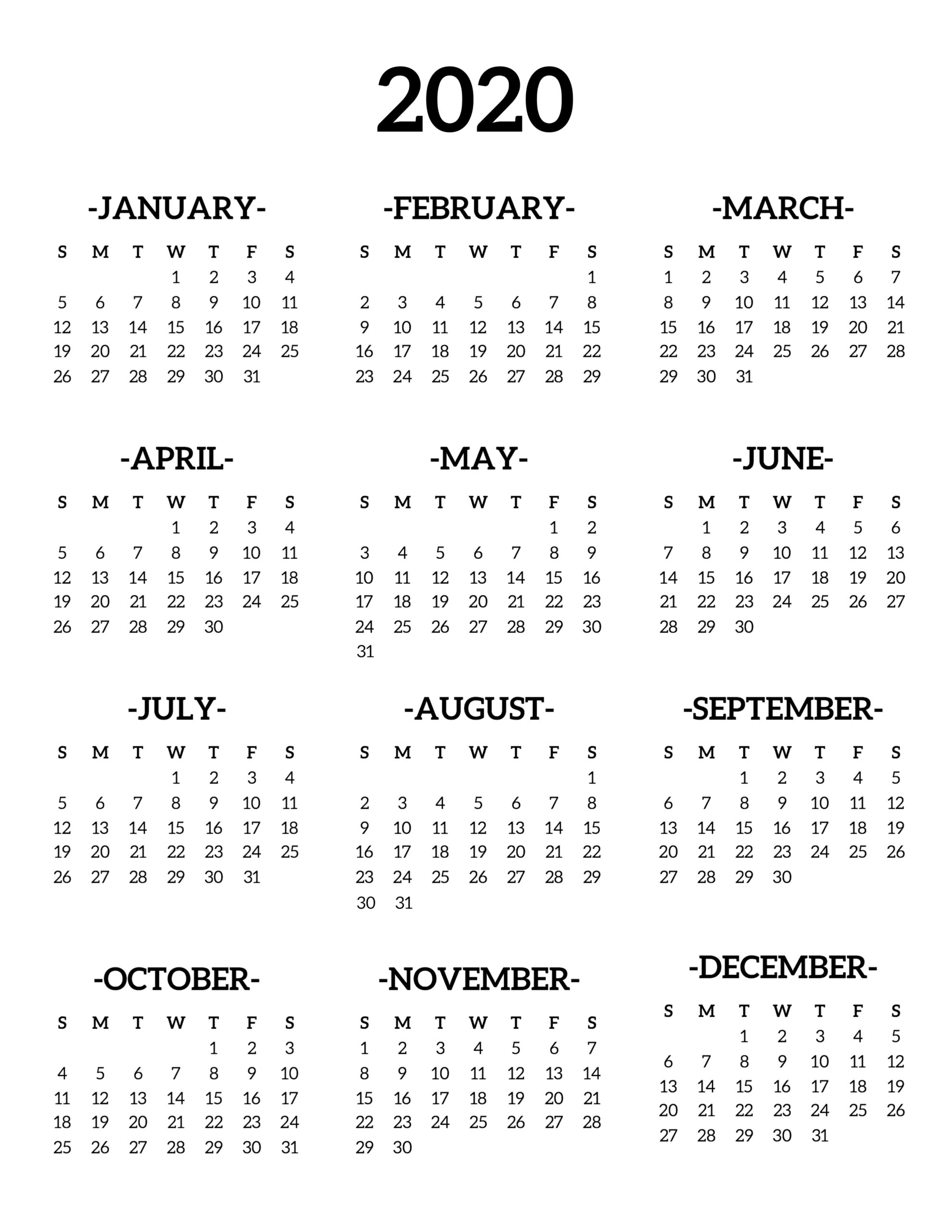 Calendar 2020 Printable One Page - Paper Trail Design