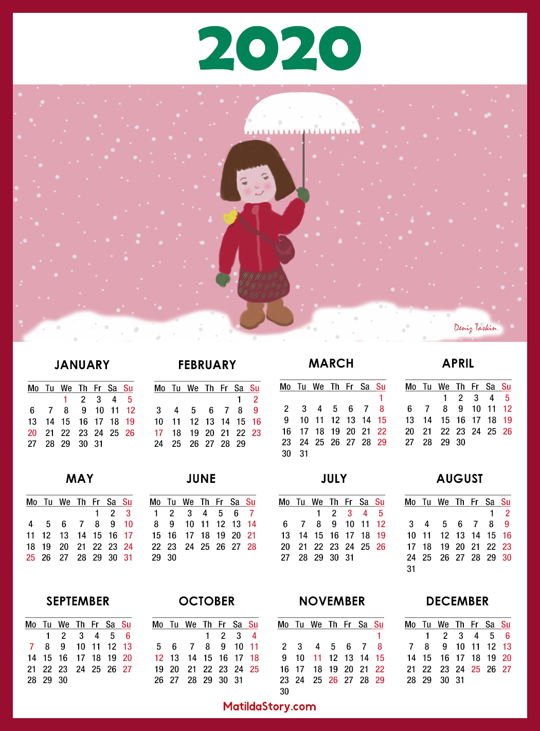 Calendar 2020 Printable With Us Holidays – Monday Start